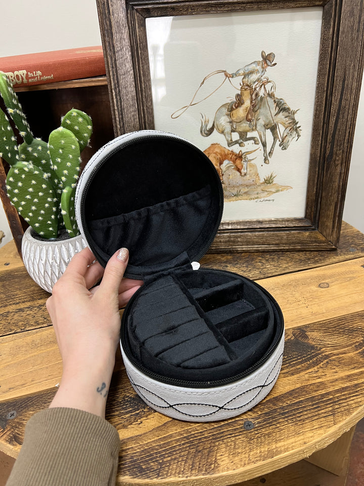 White Boot Stitch Jewelry Case-Round