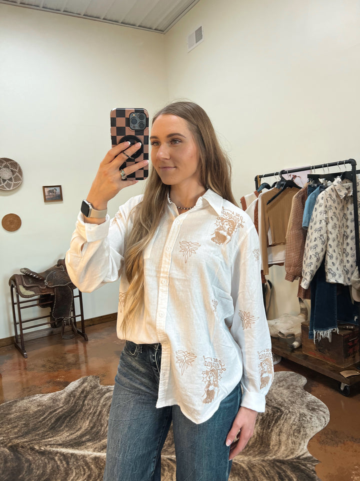 Boot Stitch Cowgirl Embroidered Button-Up{SMALL ONLY LEFT}
