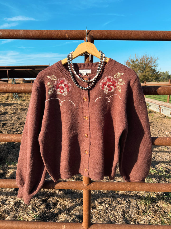 Western Floral Embroidery Cardigan-Brown