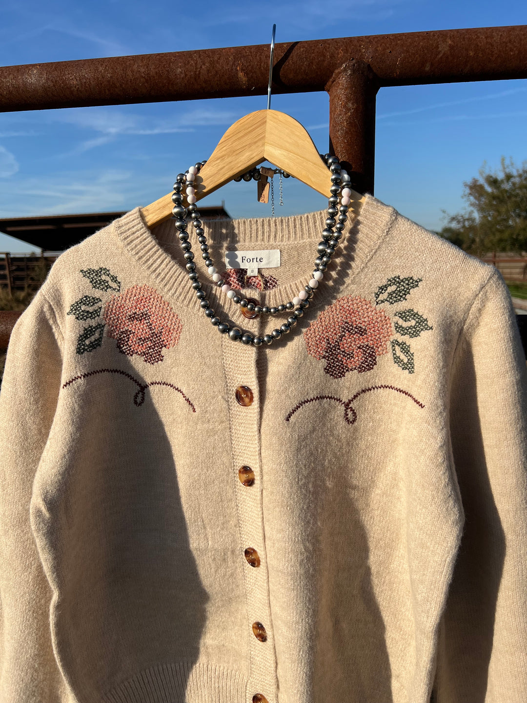 Western Floral Embroidery Cardigan-Tan