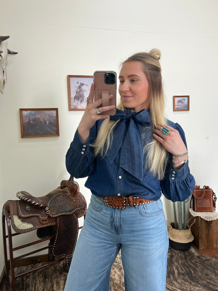 Denim Bow Button Up