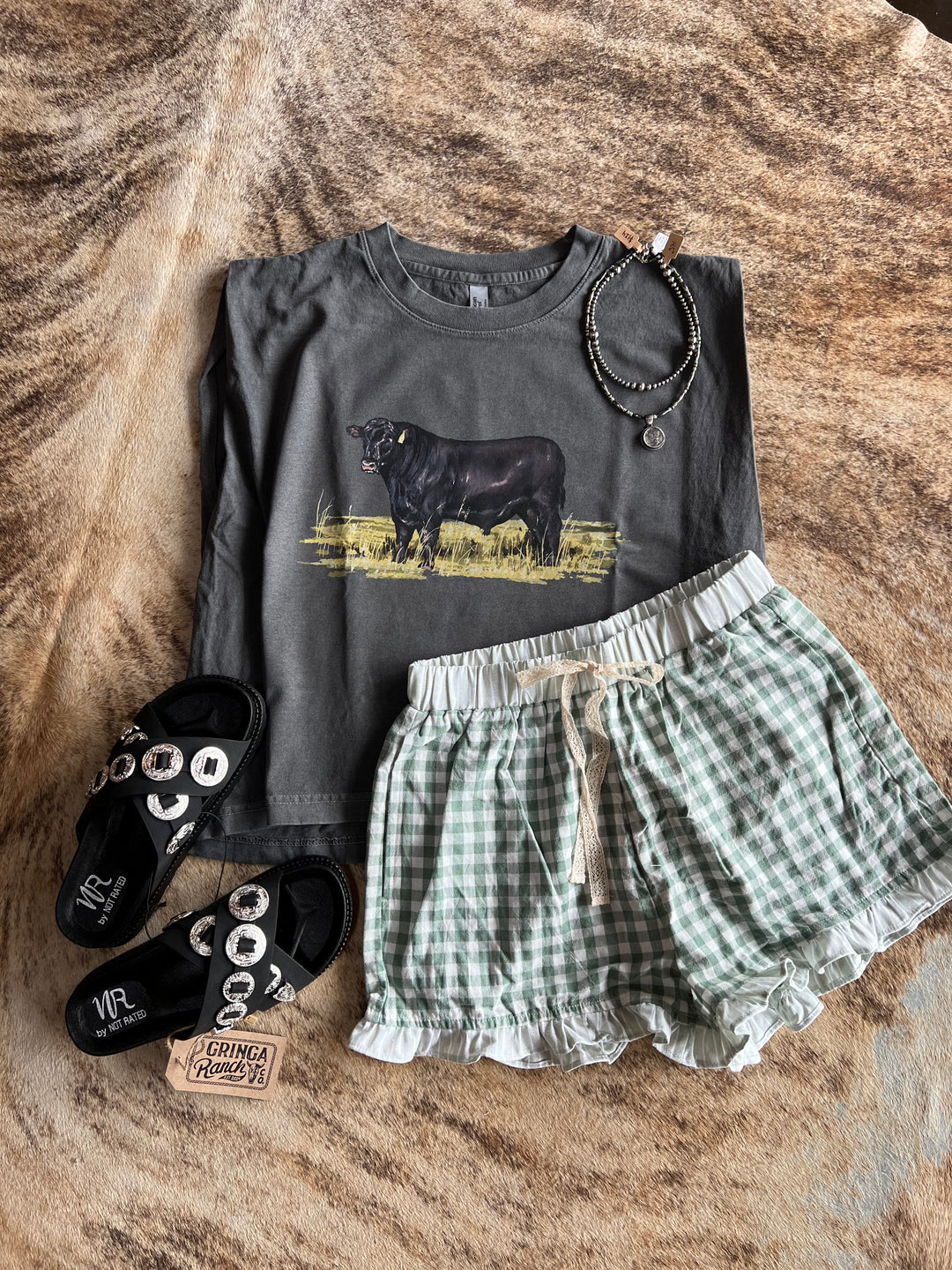 Gingham Plaid Ruffle Shorts-Sage