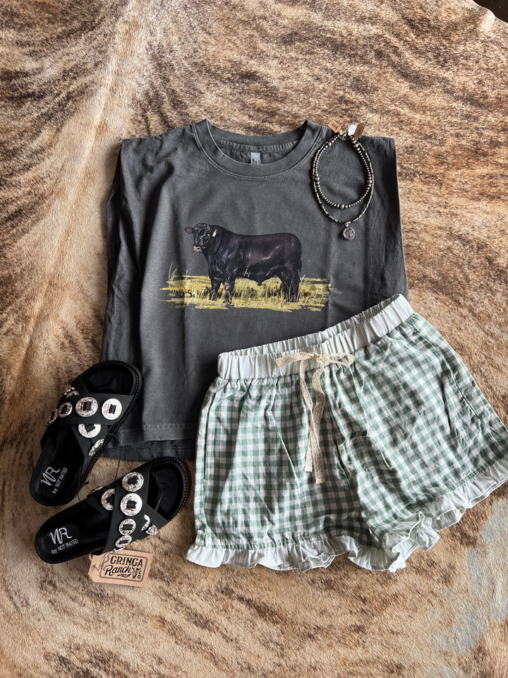 Gingham Plaid Ruffle Shorts-Sage