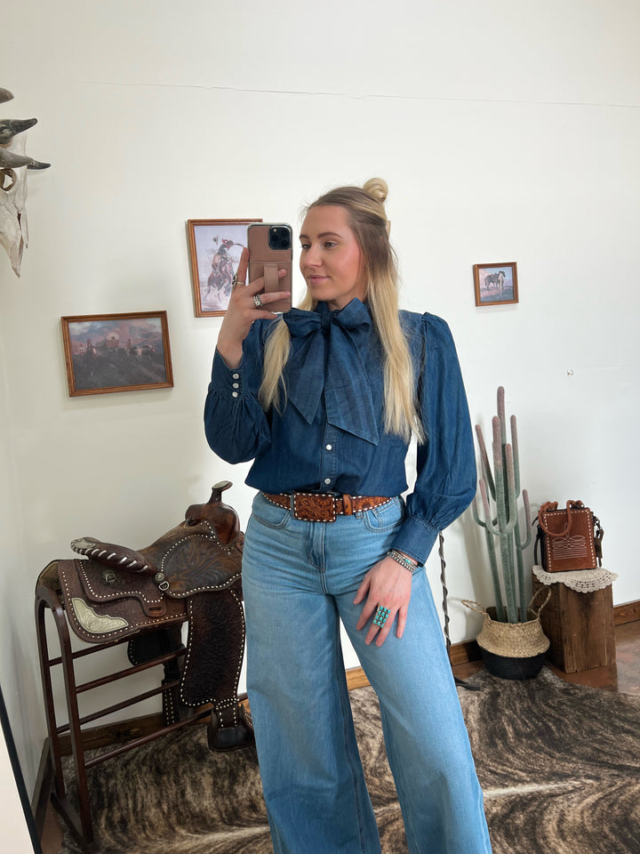 Denim Bow Button Up