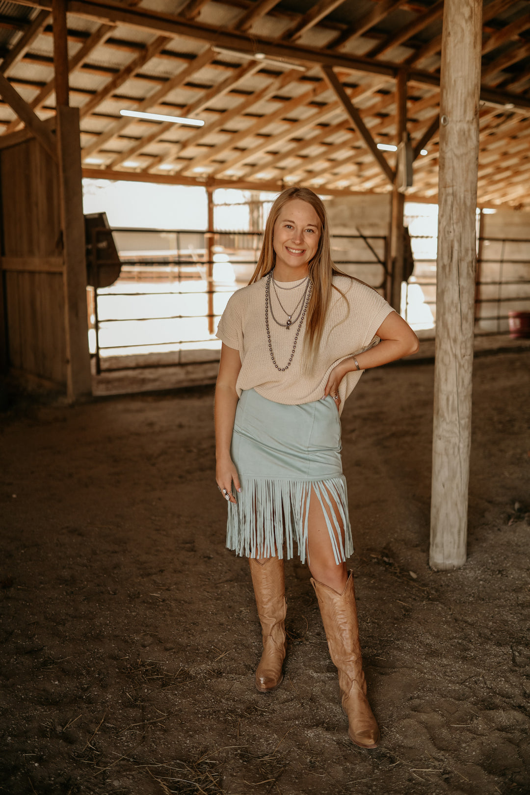 Turquoise Suede Fringe Skirt{SMALL ONLY}