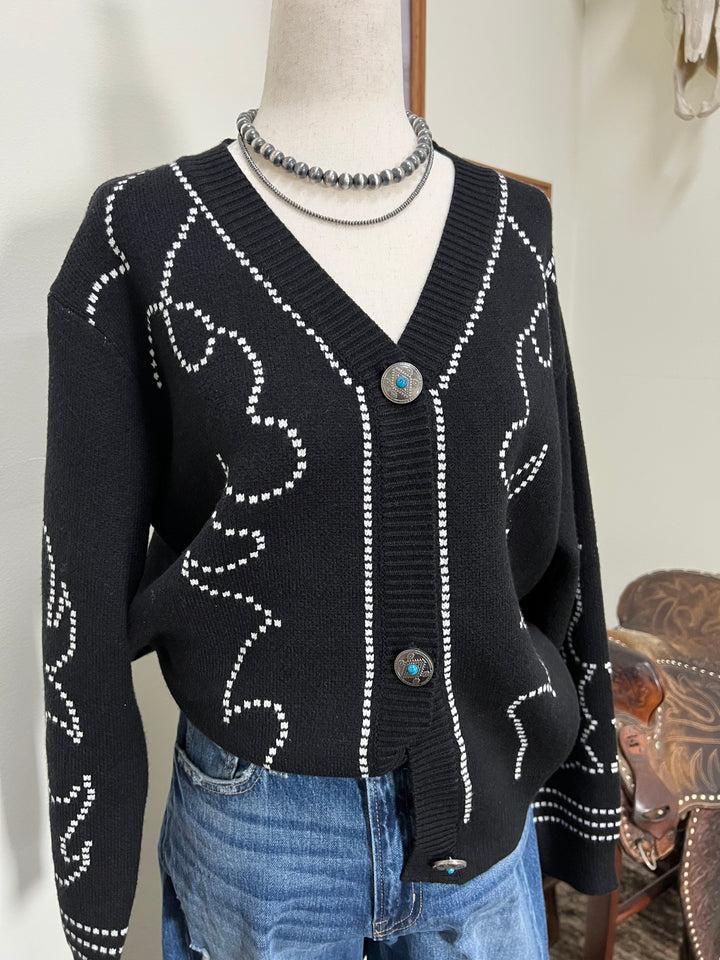 Boot Stitch Saddle Knit Cardigan-Black