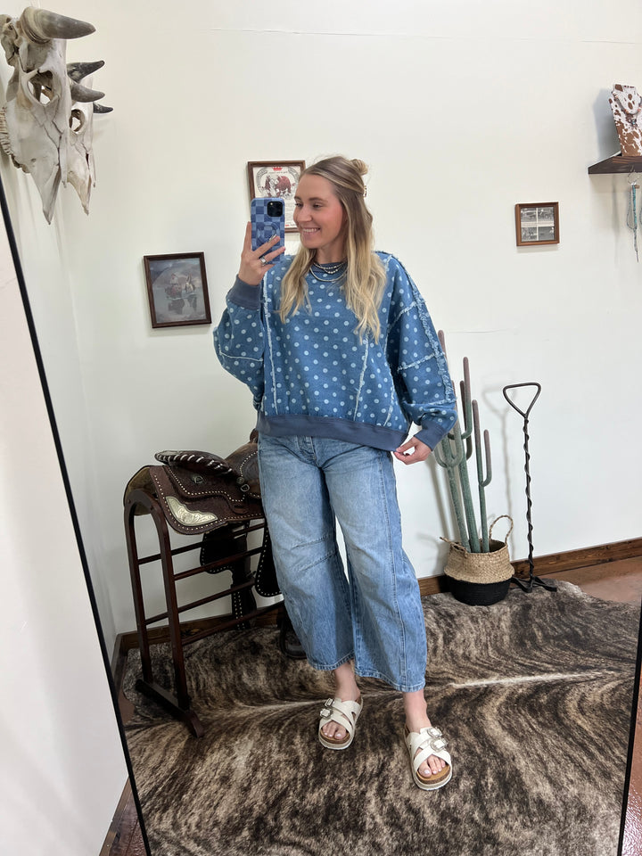 Distressed Polka Dot Denim Pullover