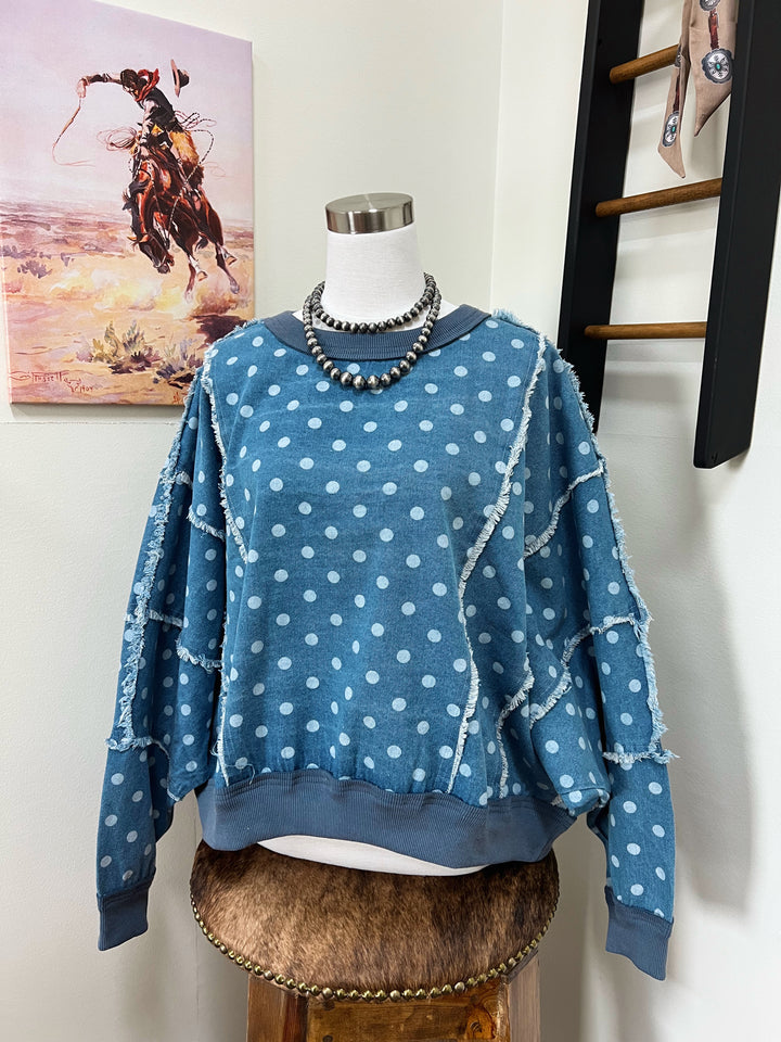 Distressed Polka Dot Denim Pullover