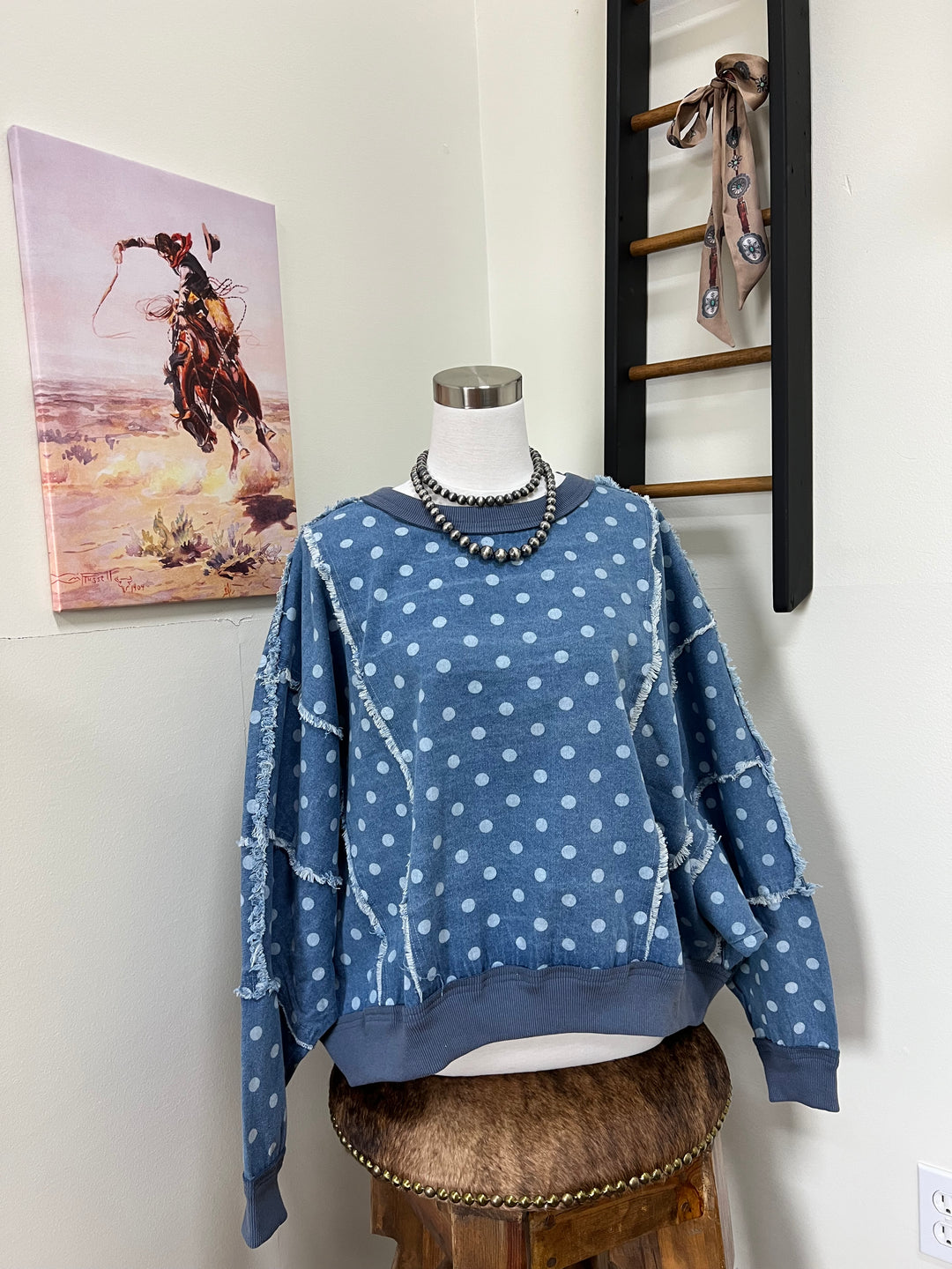 Distressed Polka Dot Denim Pullover
