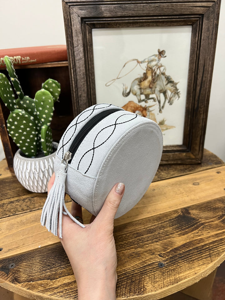 White Boot Stitch Jewelry Case-Round
