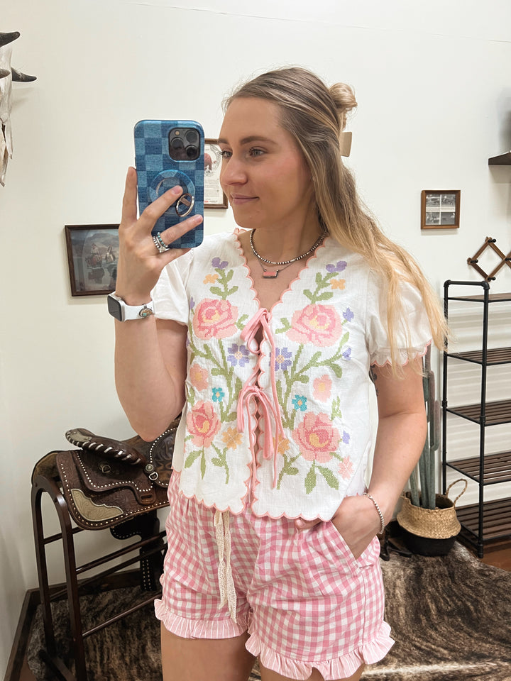 Floral Embroidery Bow Top