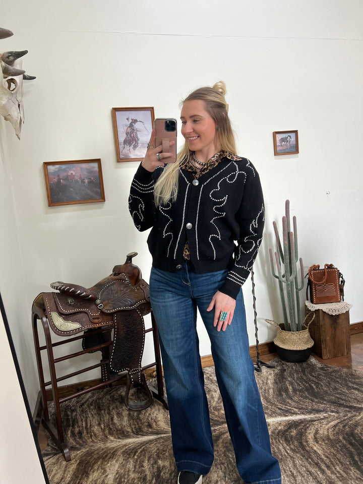 Boot Stitch Saddle Knit Cardigan-Black