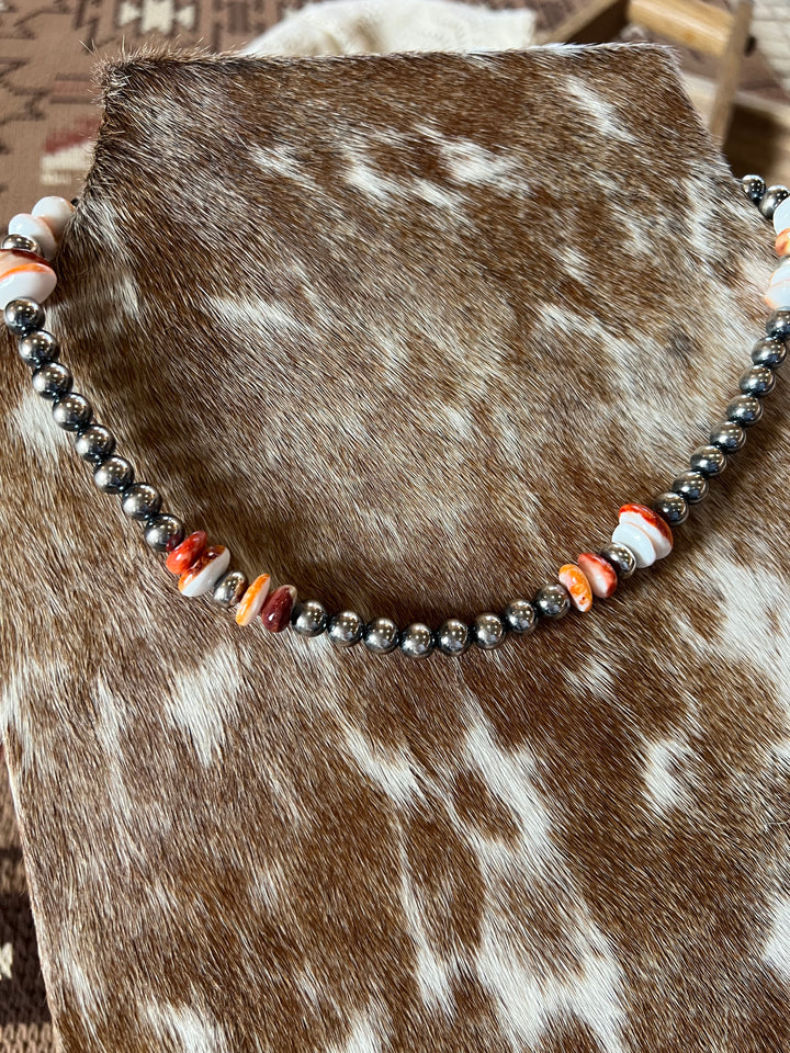 Spiny Oyster & 8mm Pearl Necklace-17.5”