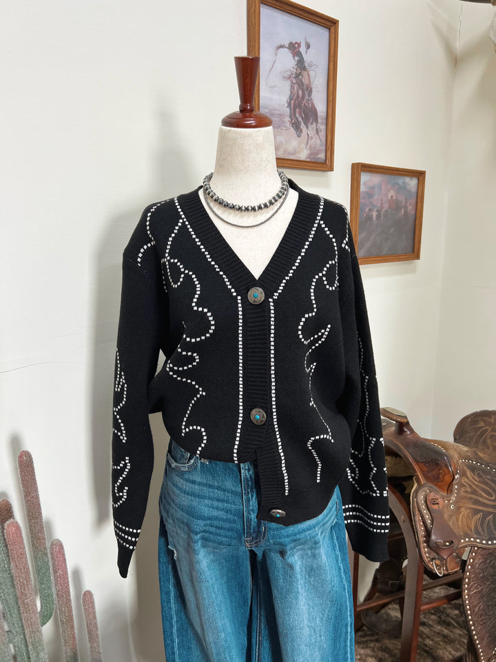 Boot Stitch Saddle Knit Cardigan-Black