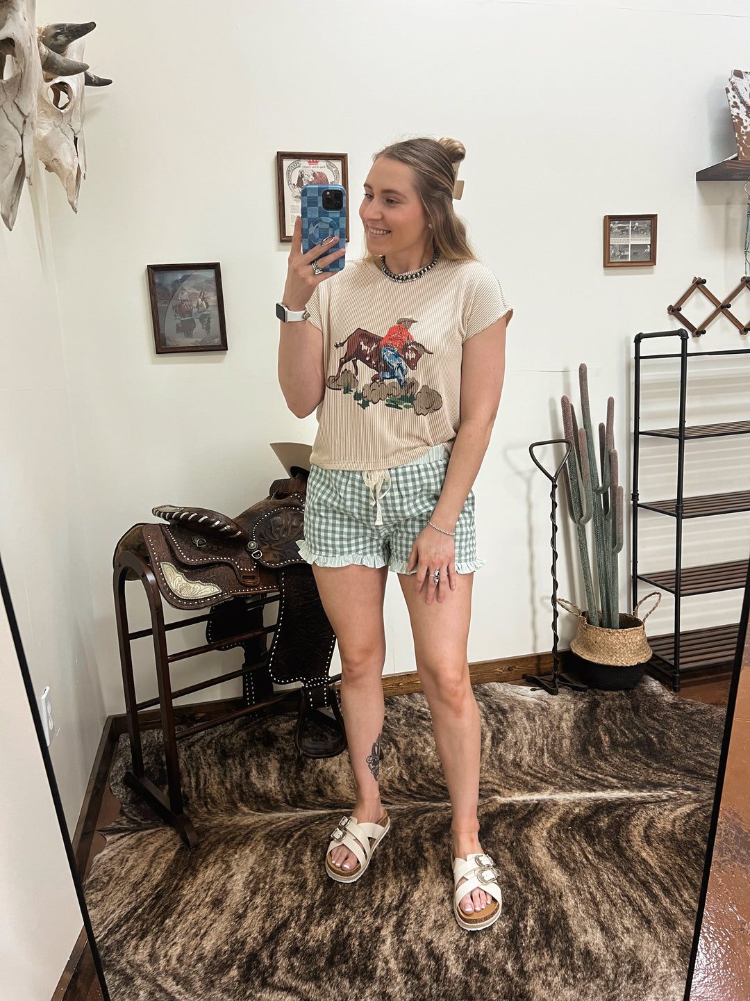 Gingham Plaid Ruffle Shorts-Sage