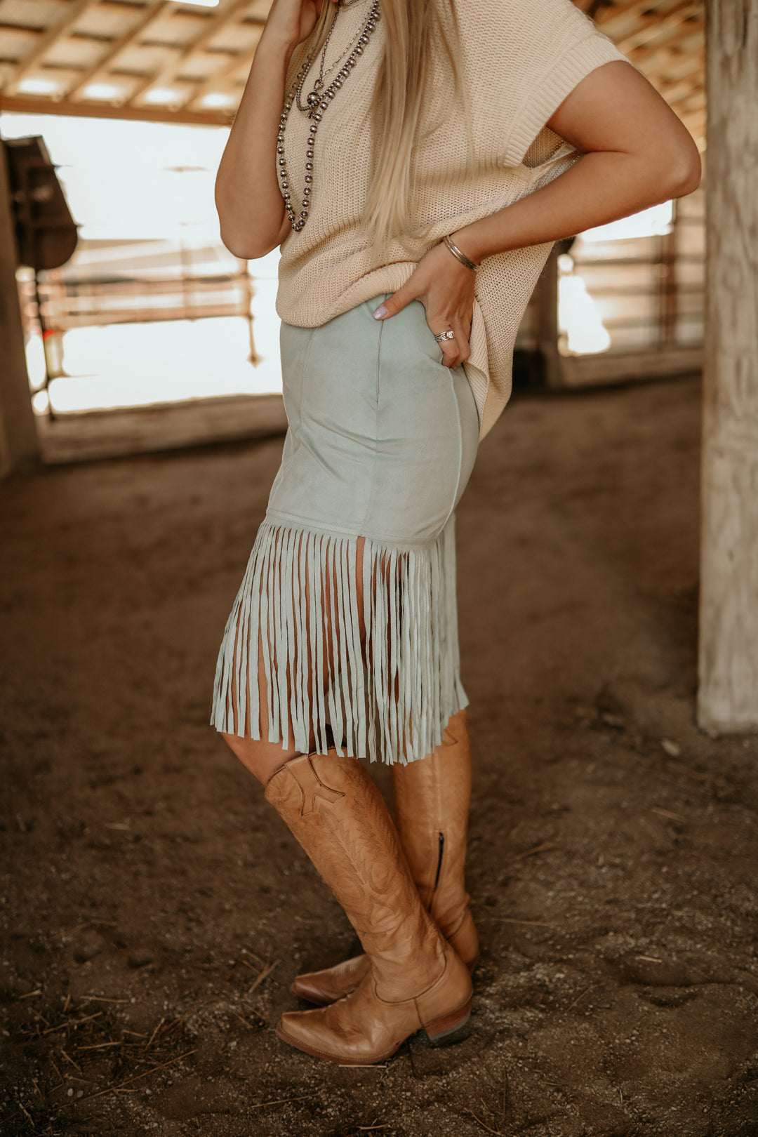 Turquoise Suede Fringe Skirt{SMALL ONLY}