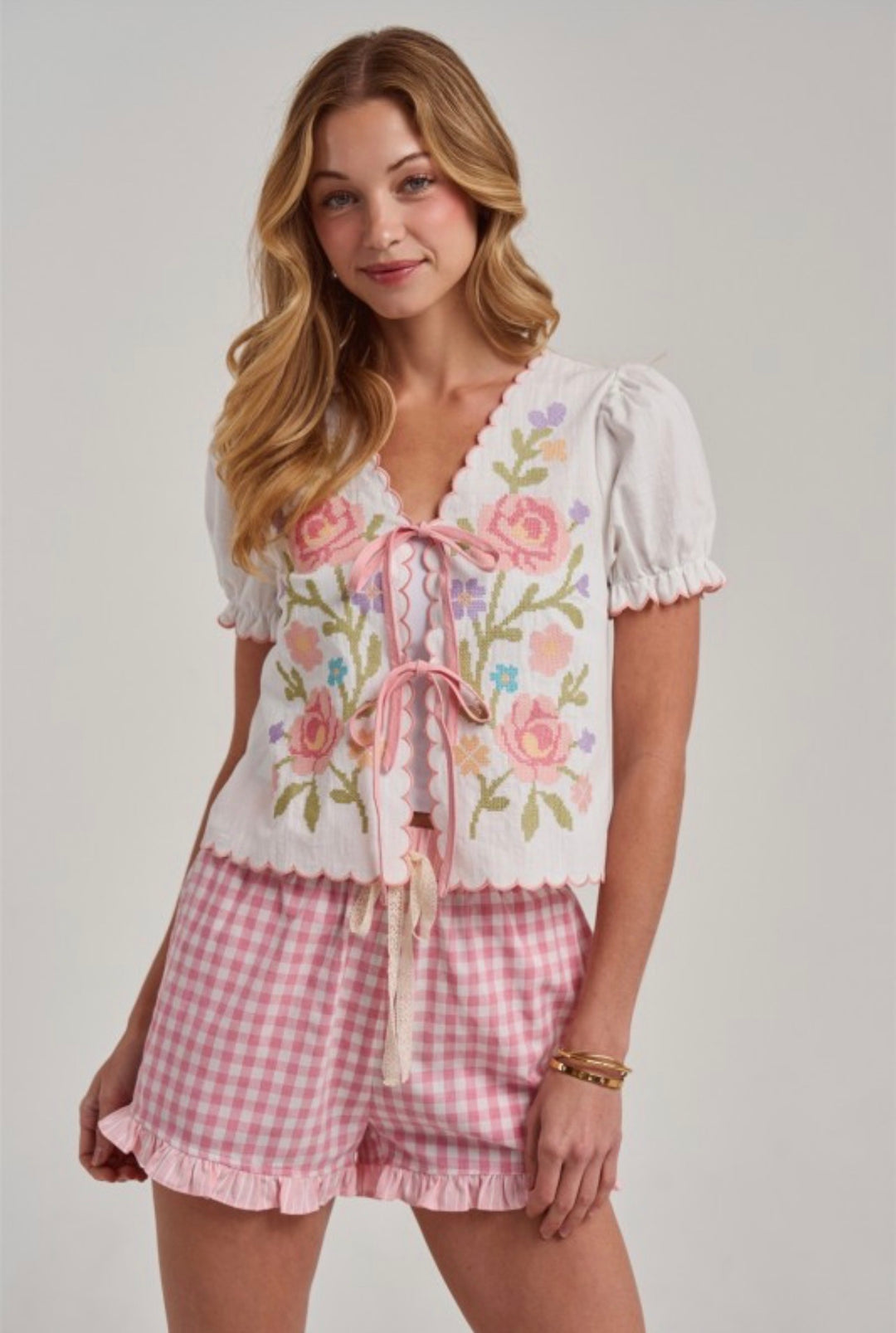Floral Embroidery Bow Top