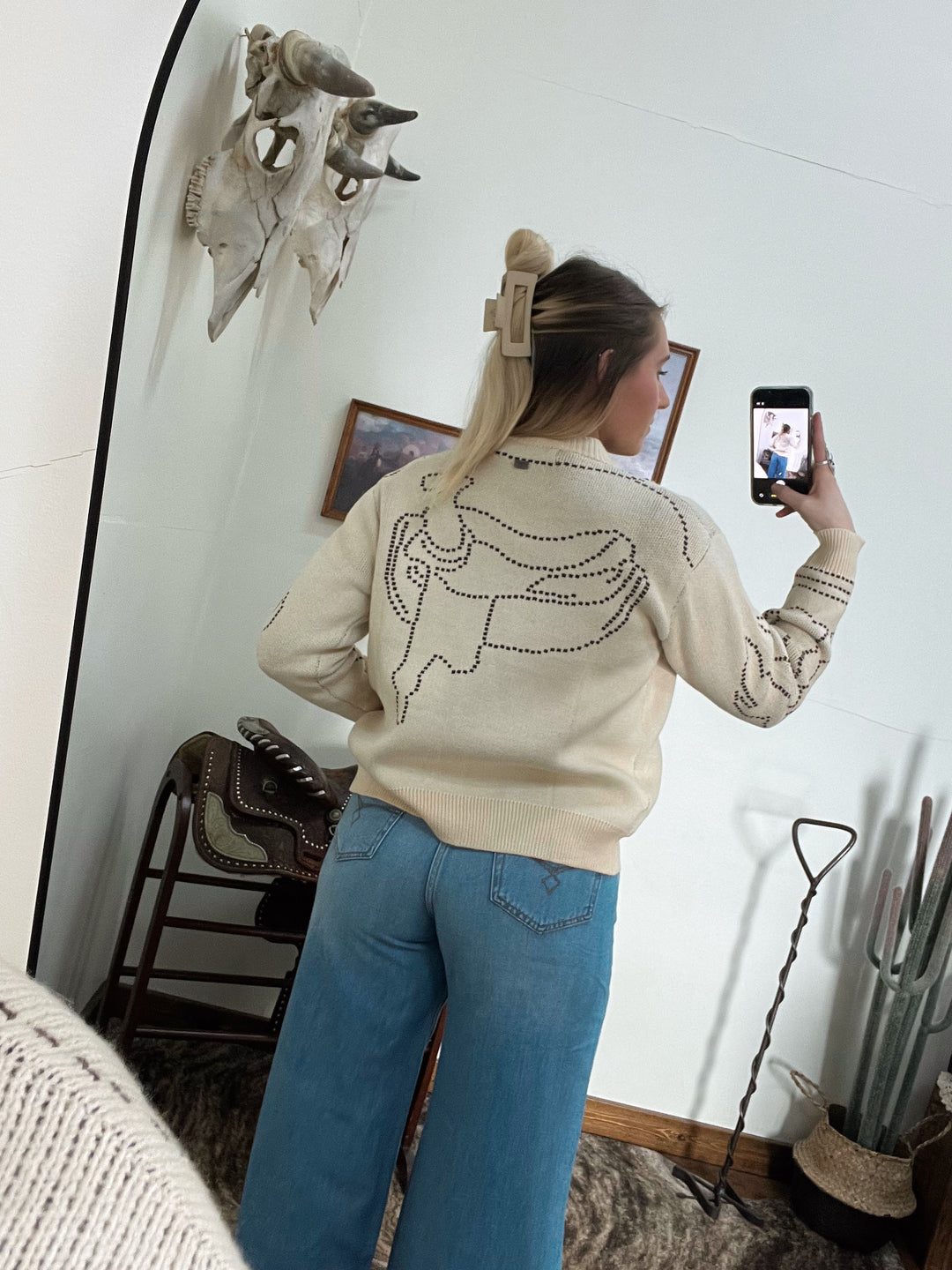 Boot Stitch Saddle Knit Cardigan-Cream