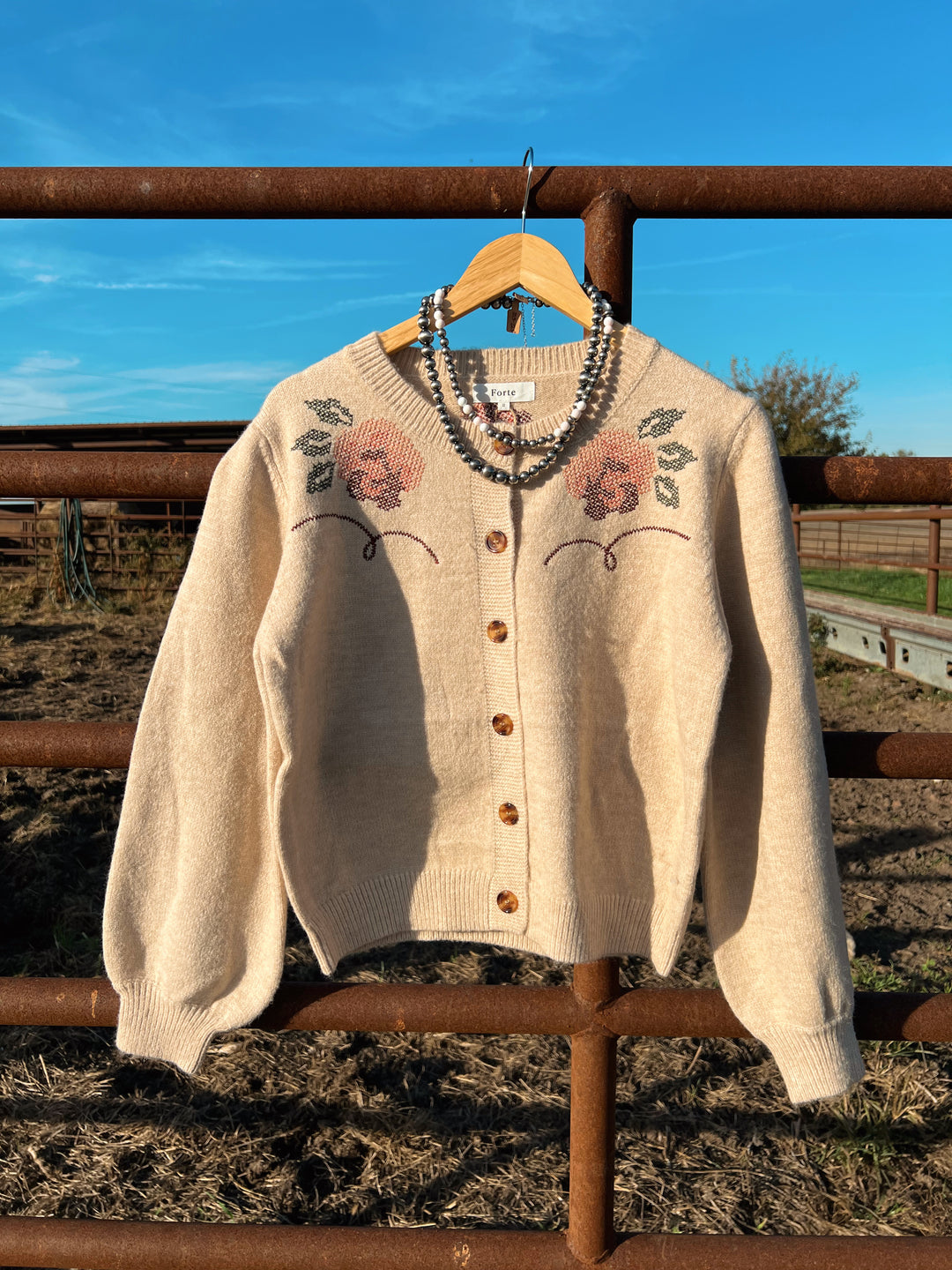 Western Floral Embroidery Cardigan-Tan