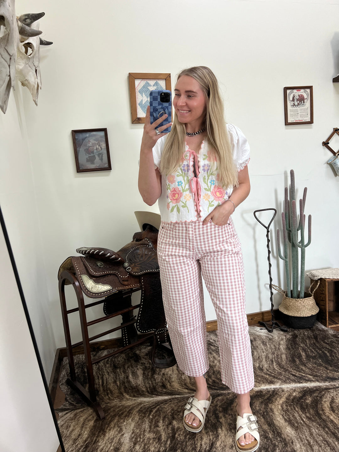 The Waylon Plaid Barrel Jeans-Pink