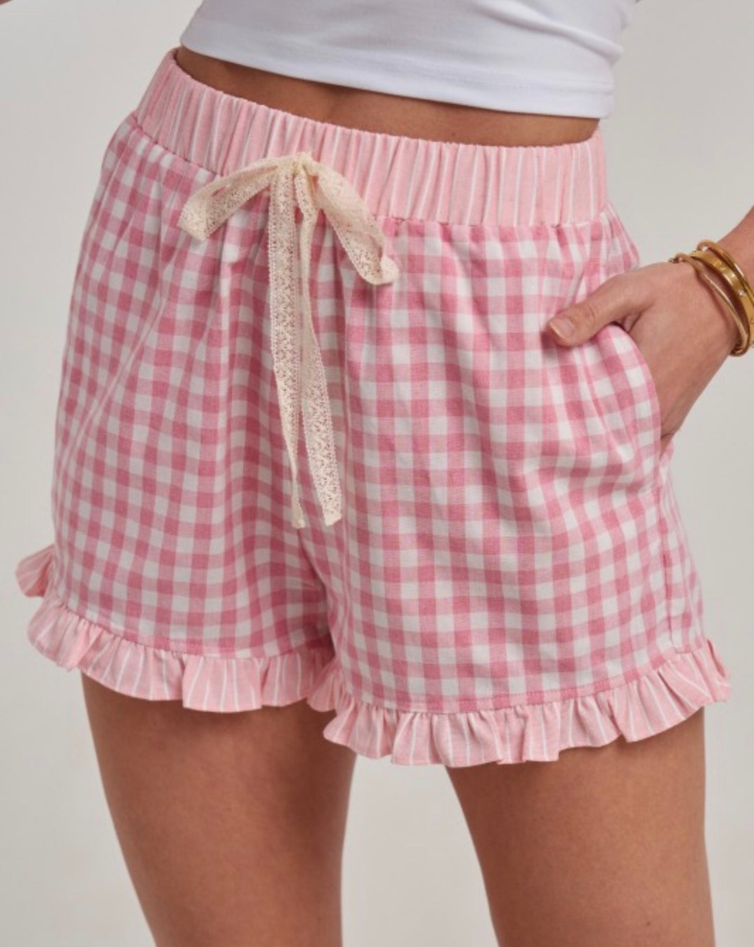 Gingham Plaid Ruffle Shorts-Pink
