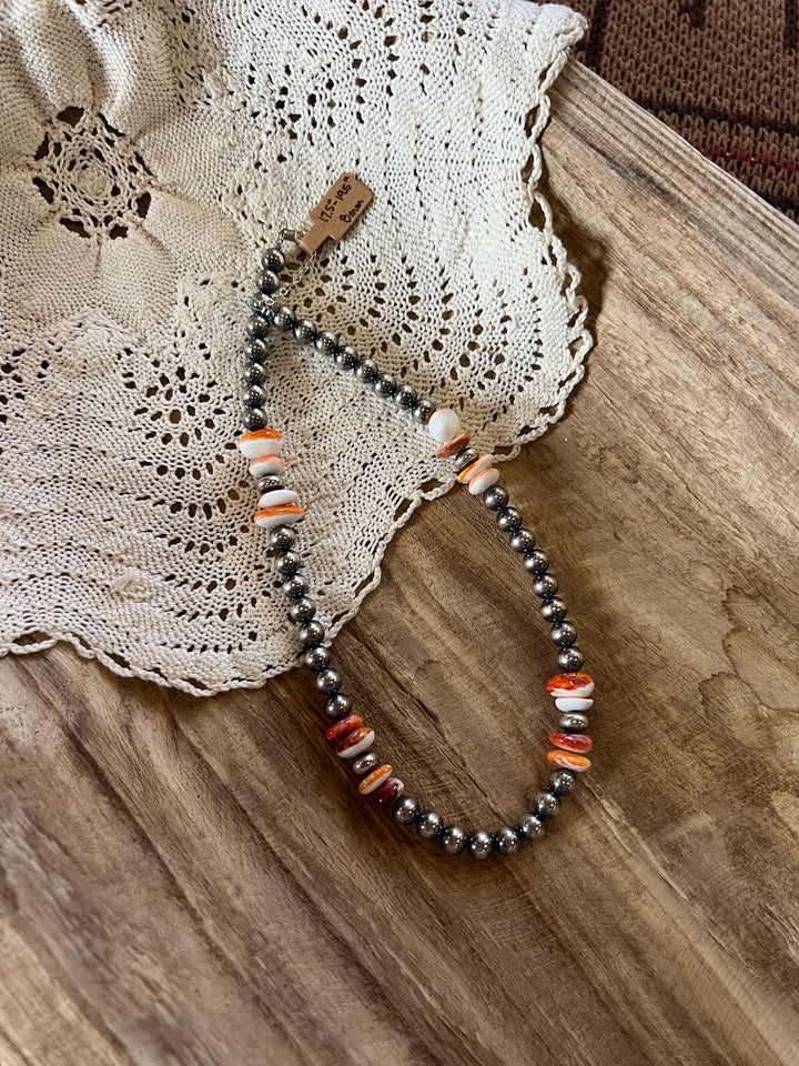 Spiny Oyster & 8mm Pearl Necklace-17.5”