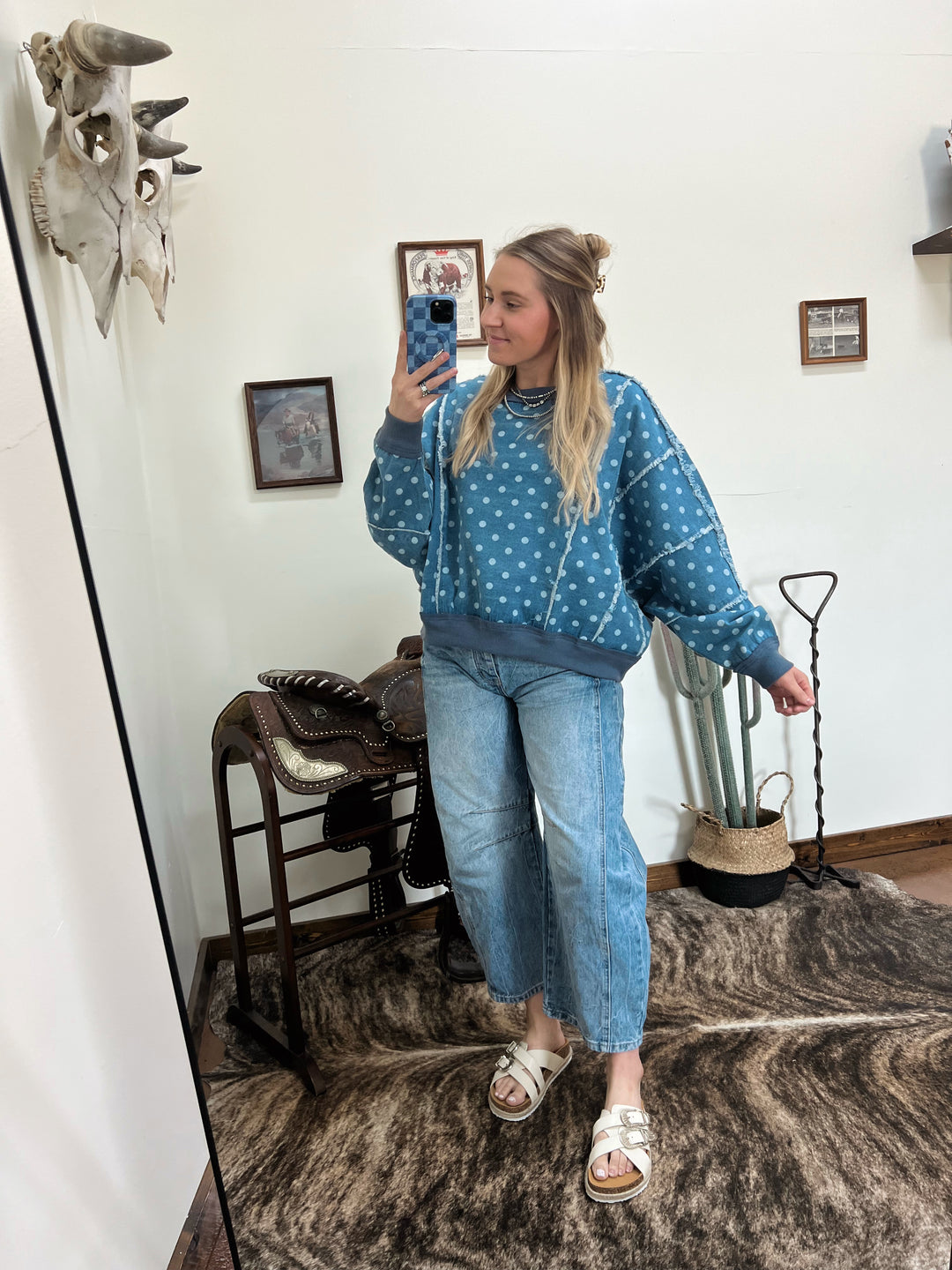 Distressed Polka Dot Denim Pullover