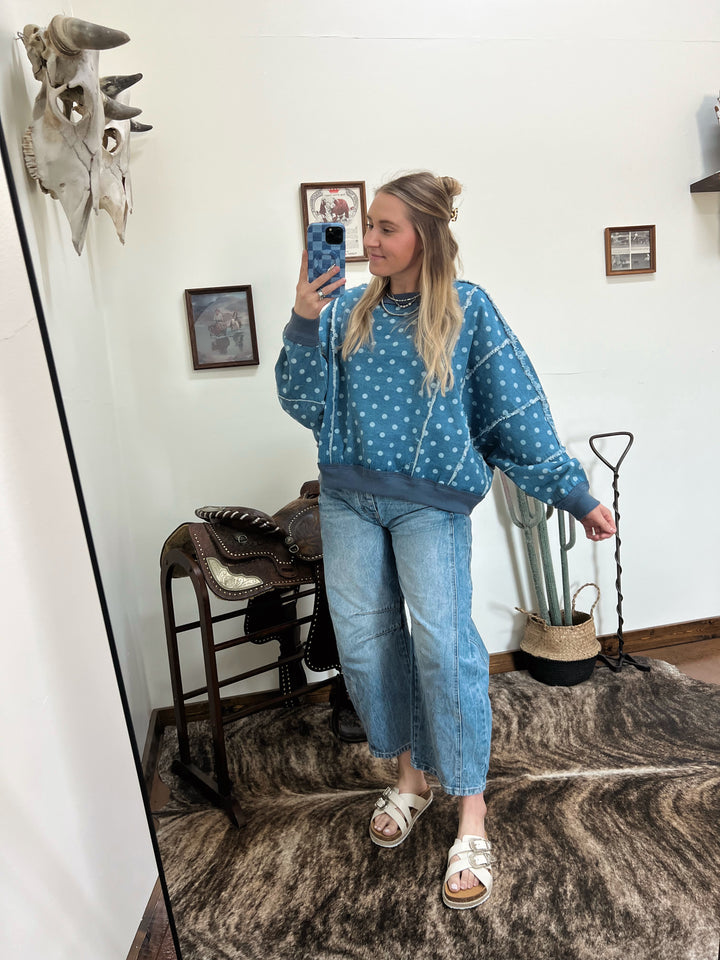Distressed Polka Dot Denim Pullover