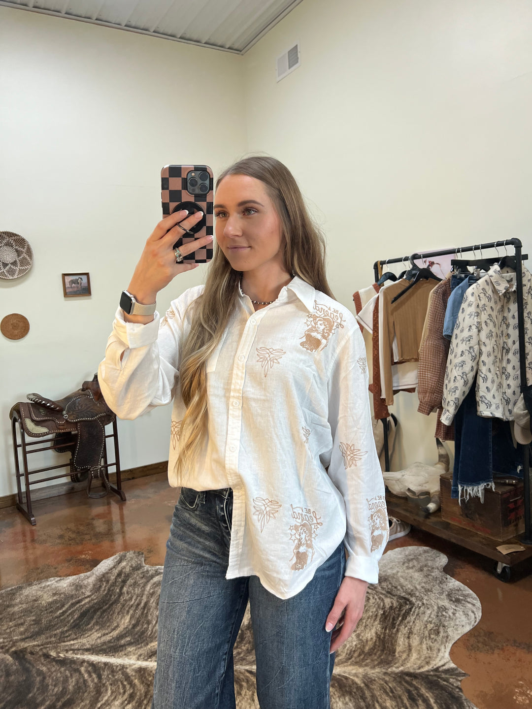Boot Stitch Cowgirl Embroidered Button-Up{SMALL ONLY LEFT}