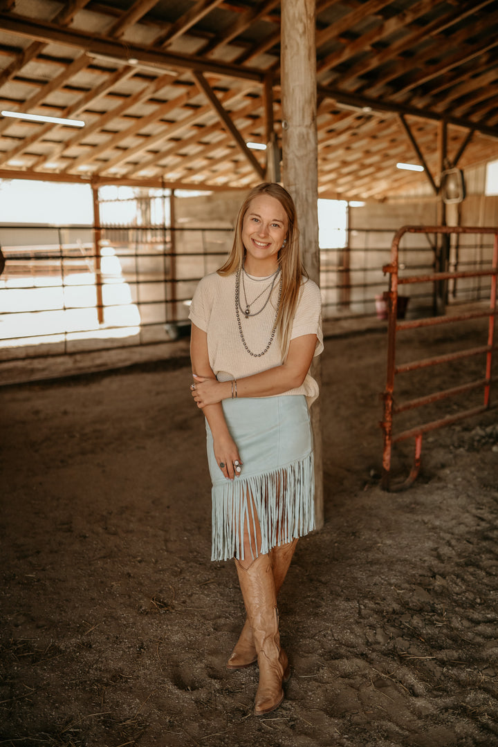 Turquoise Suede Fringe Skirt{SMALL ONLY}