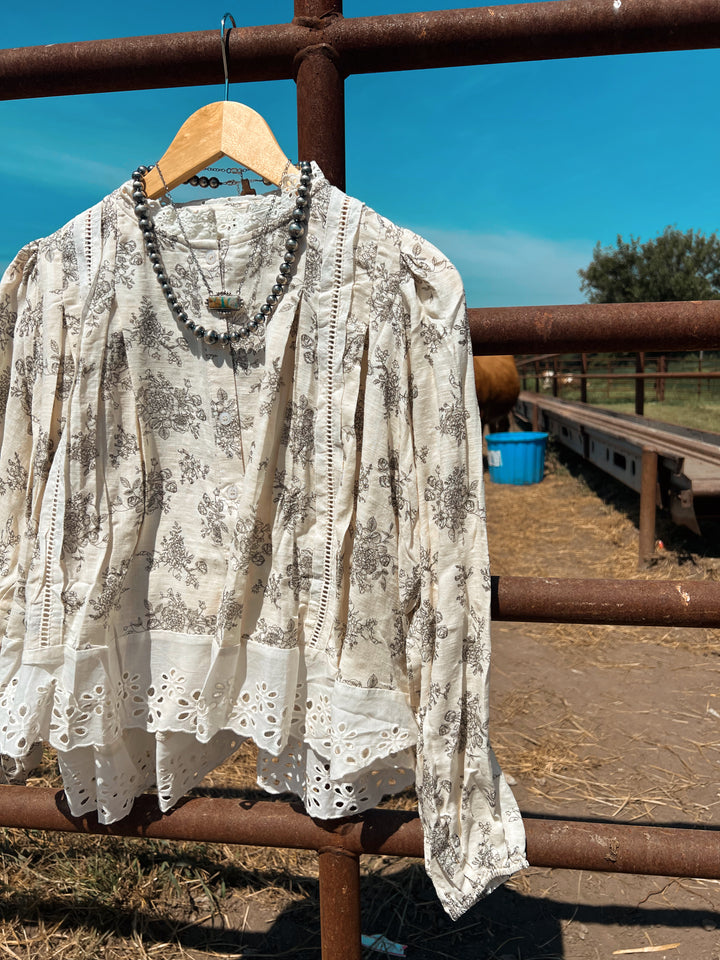 Floral Toile Eyelet Top