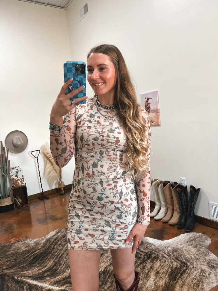 Tattooed Western Print Mesh Dress{SMALL ONLY LEFT}