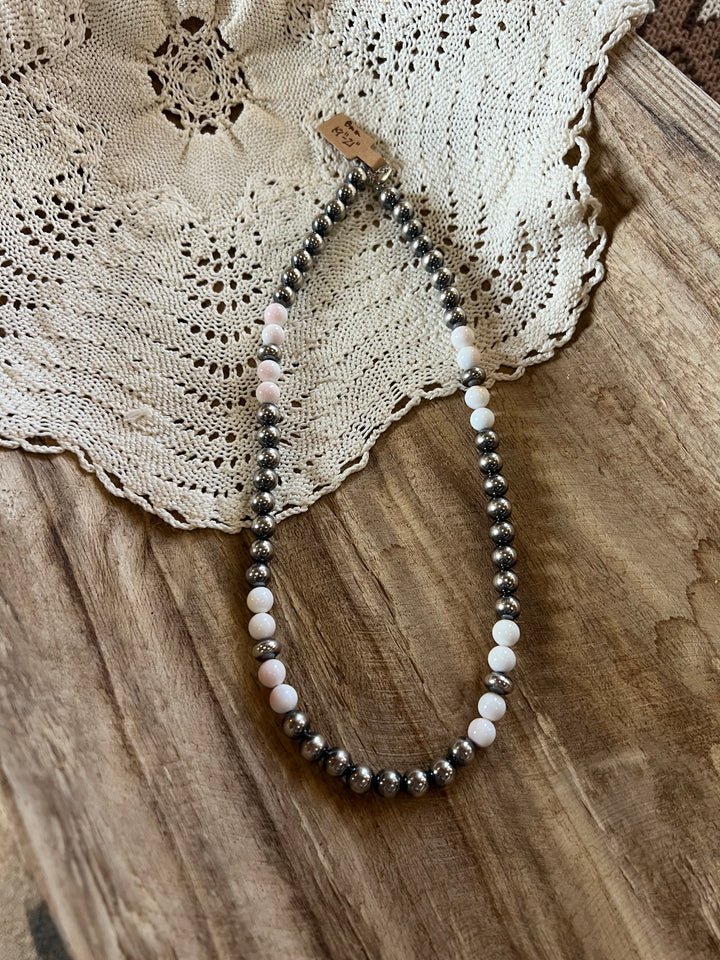 Pink Conch & 8mm Sterling Silver Pearl Necklace-19”
