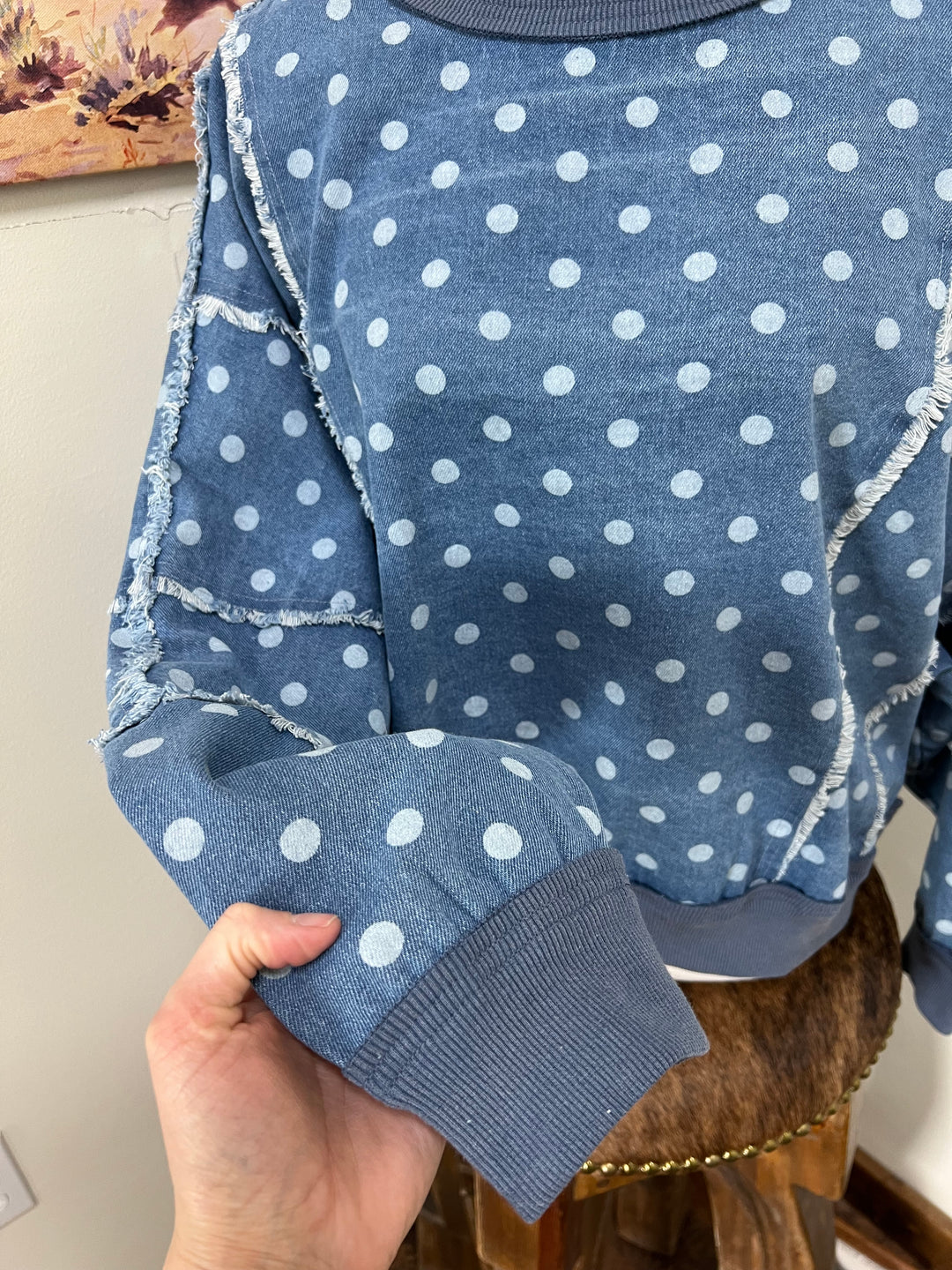 Distressed Polka Dot Denim Pullover