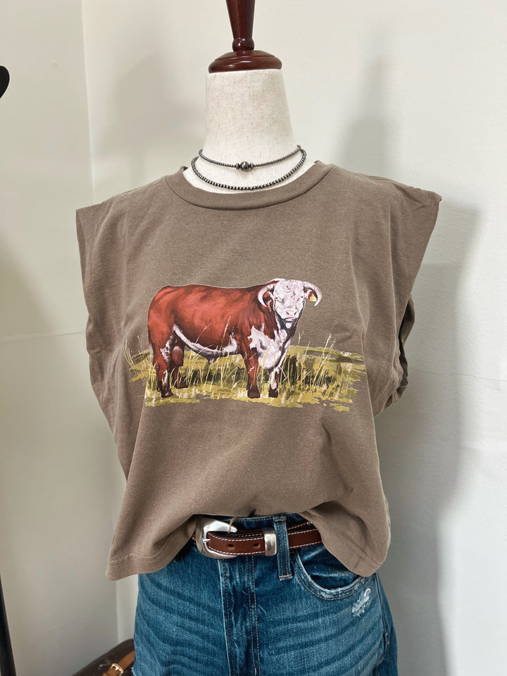 Watercolor Hereford Muscle Tank-Mocha