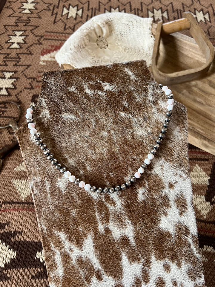 Pink Conch & 8mm Sterling Silver Pearl Necklace-19”