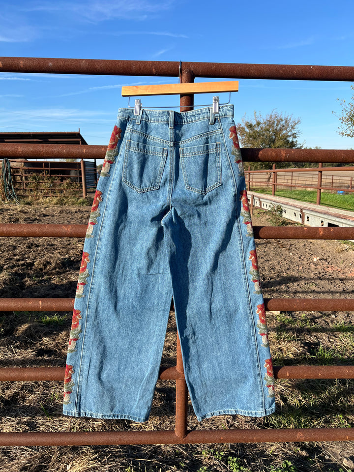 Floral Embroidery Wide Leg Jeans