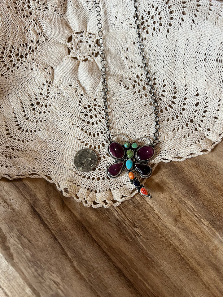 Multi Stone Dragon Fly Necklace