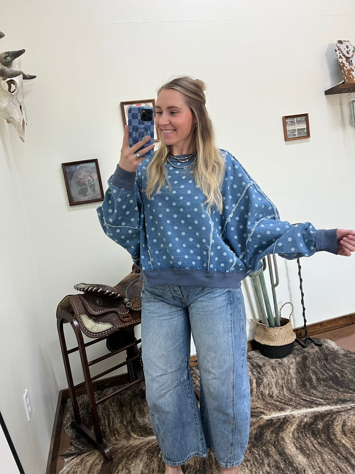 Distressed Polka Dot Denim Pullover