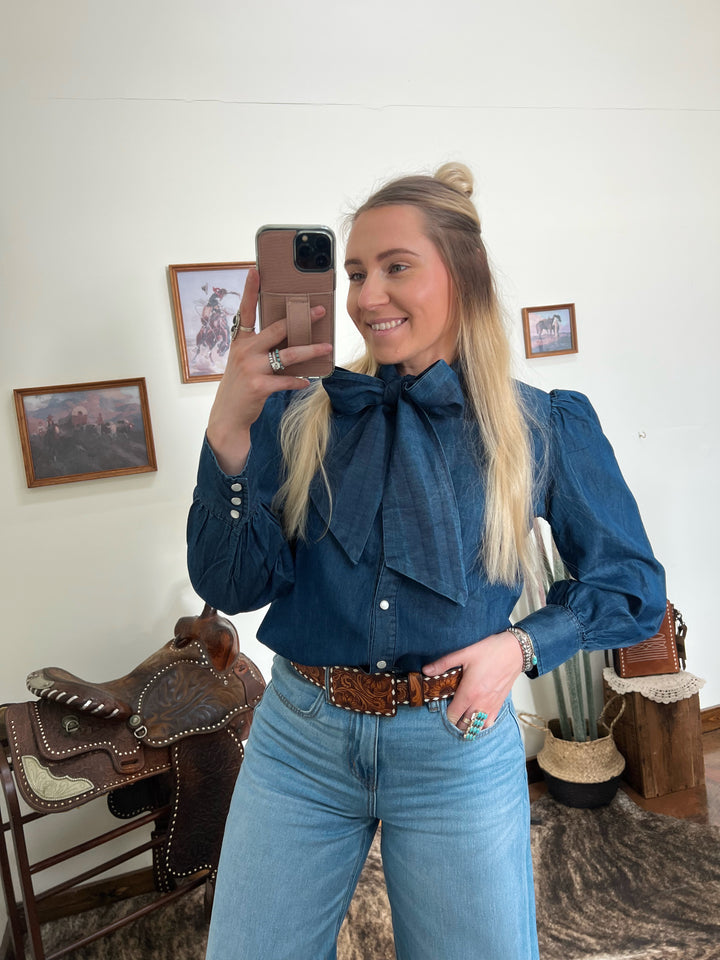 Denim Bow Button Up