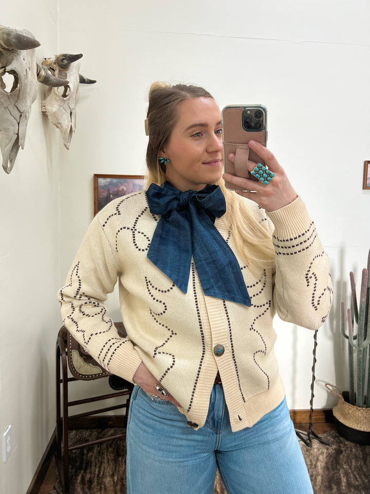Boot Stitch Saddle Knit Cardigan-Cream