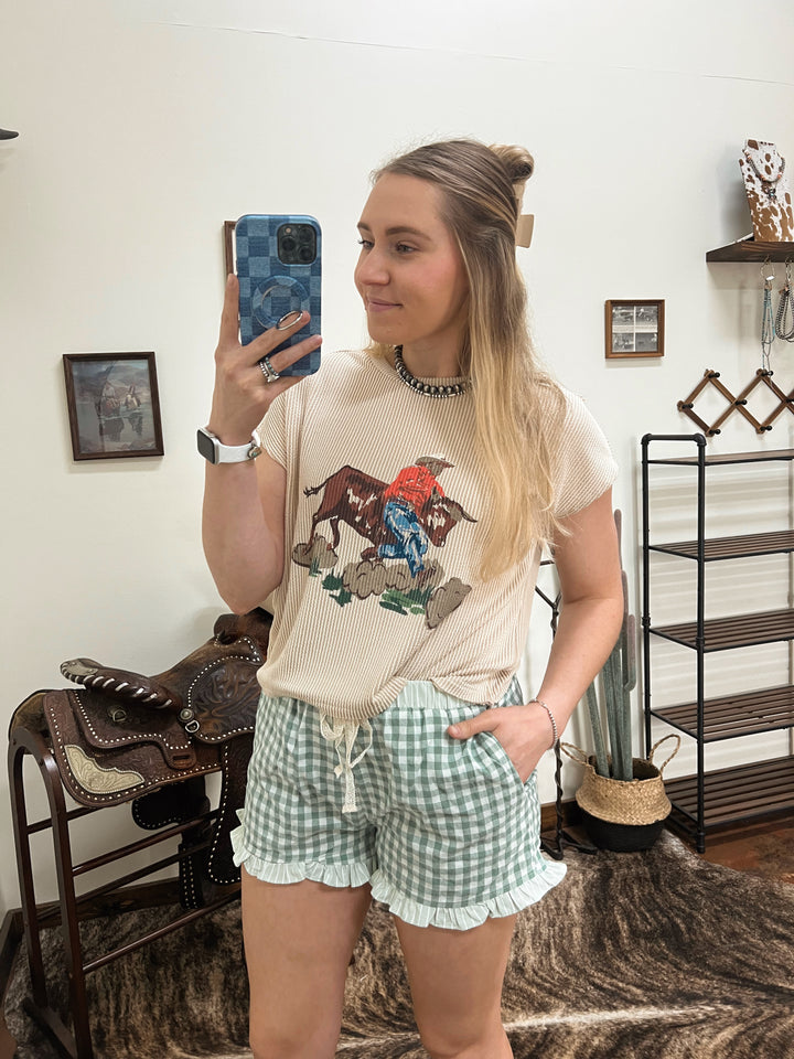Gingham Plaid Ruffle Shorts-Sage