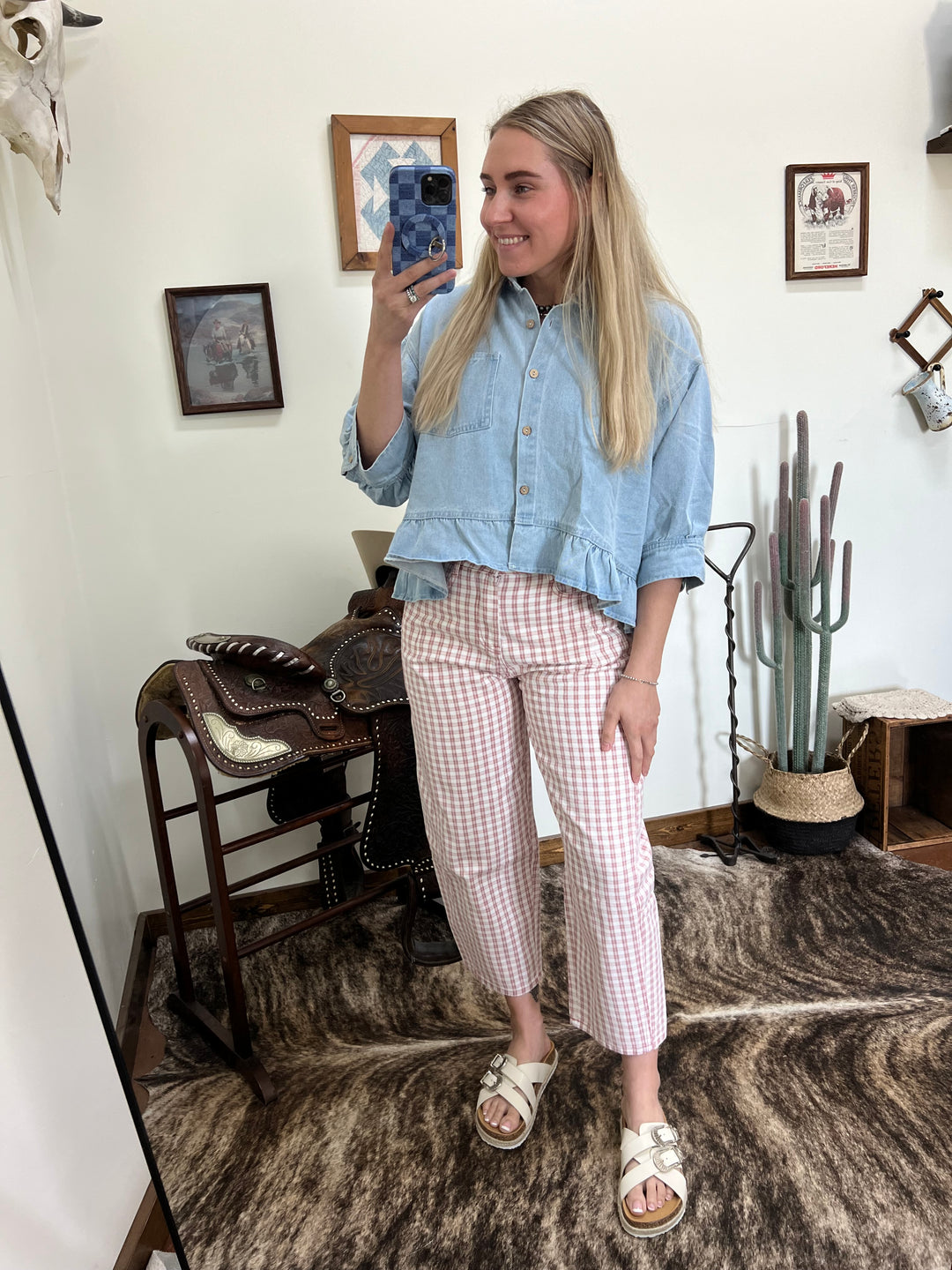 The Waylon Plaid Barrel Jeans-Pink