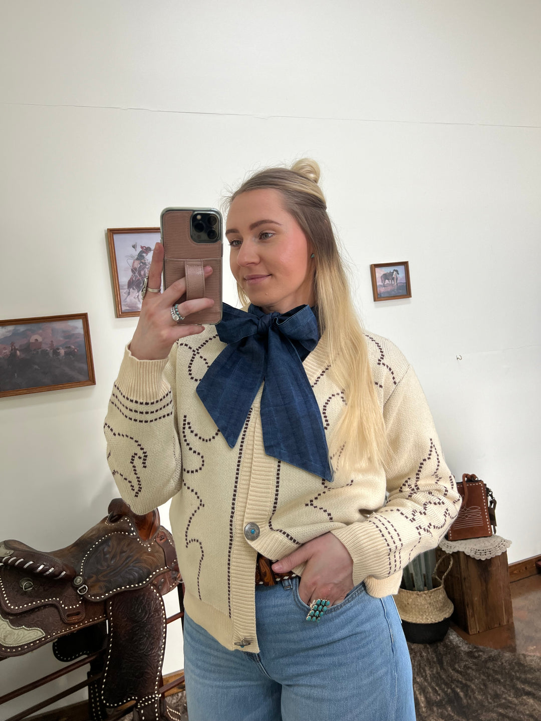 Denim Bow Button Up