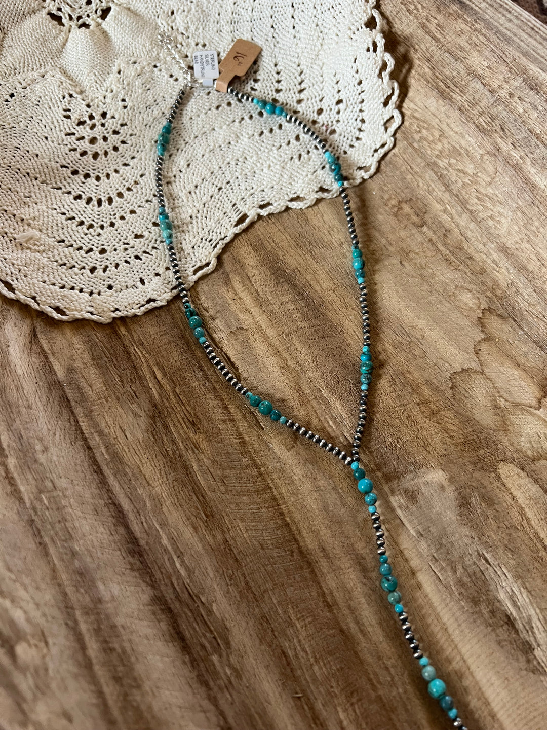 Turquoise & Sterling Silver Pearl Lariat-16”