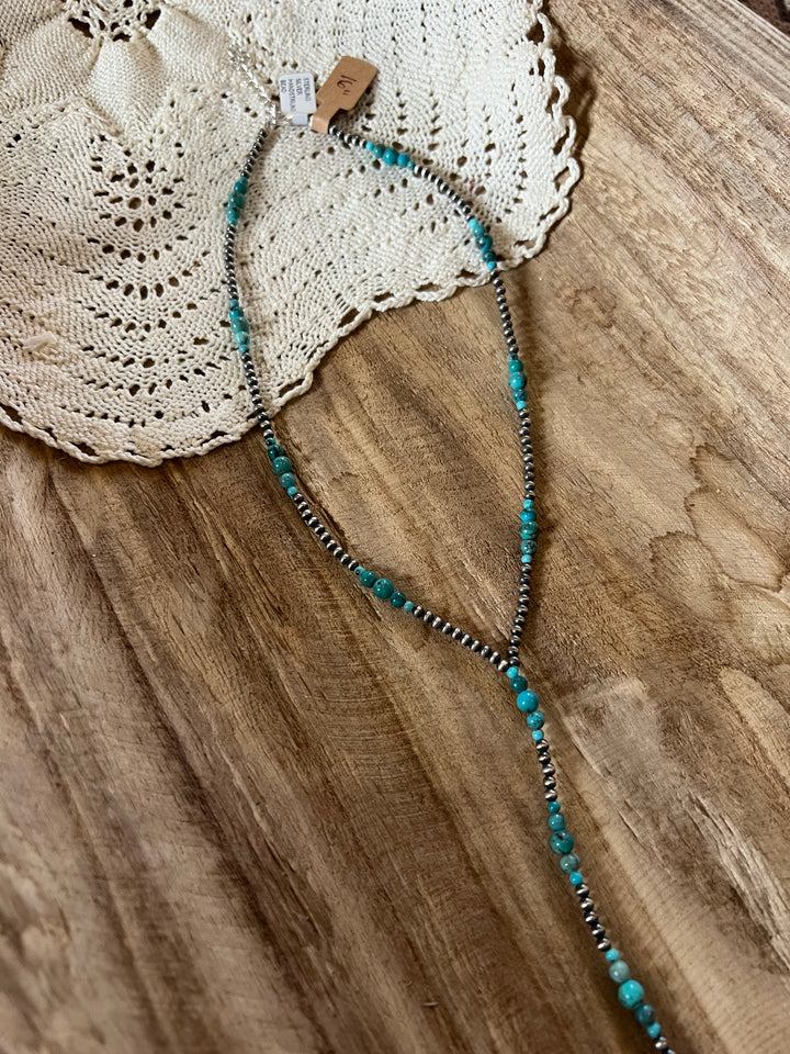 Turquoise & Sterling Silver Pearl Lariat-16”