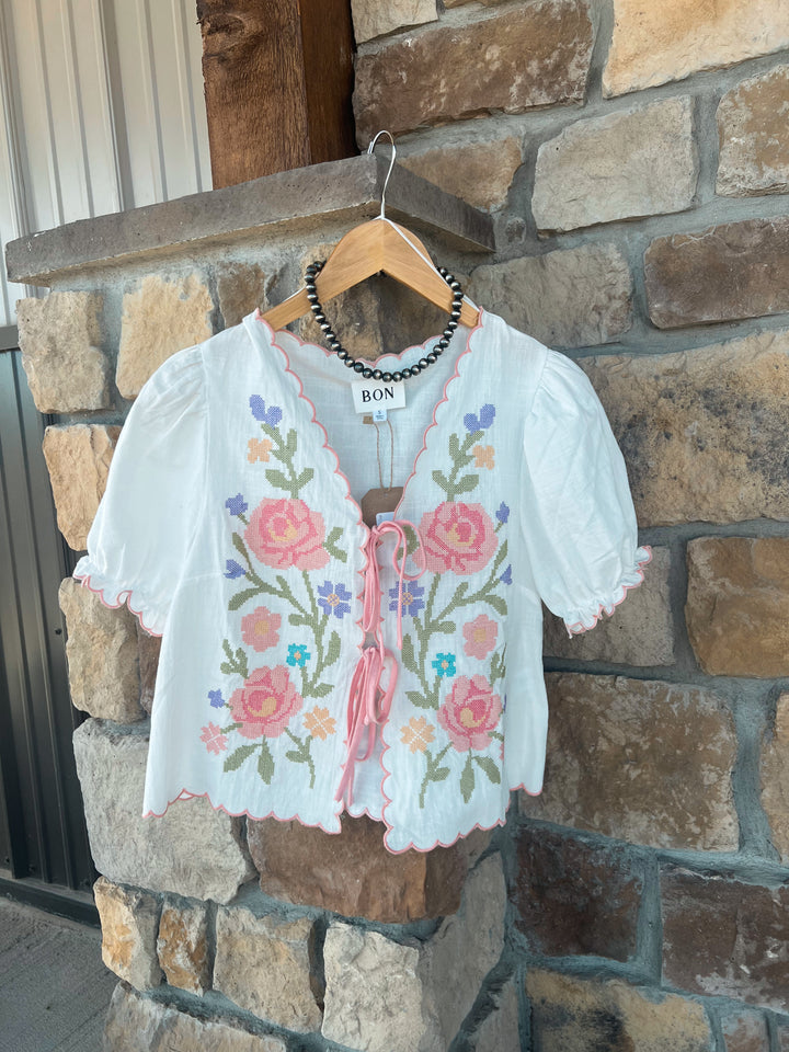Floral Embroidery Bow Top