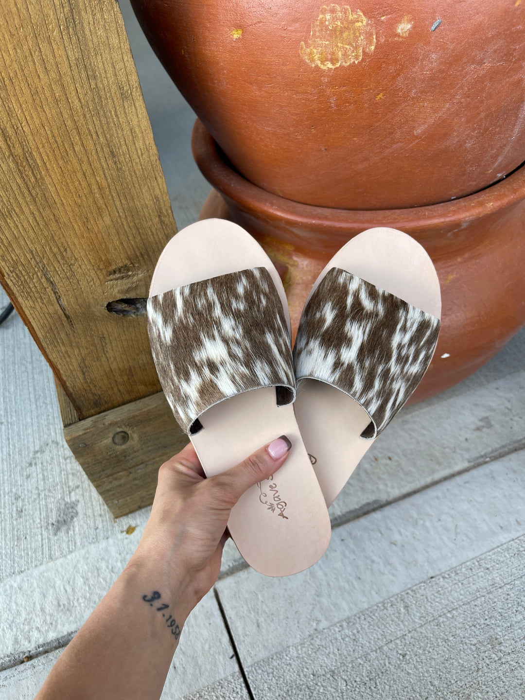 Chocolate Speckled Cowhide Sandals