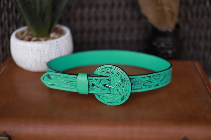 Vaquera Tooled Leather Belt- Turquoise