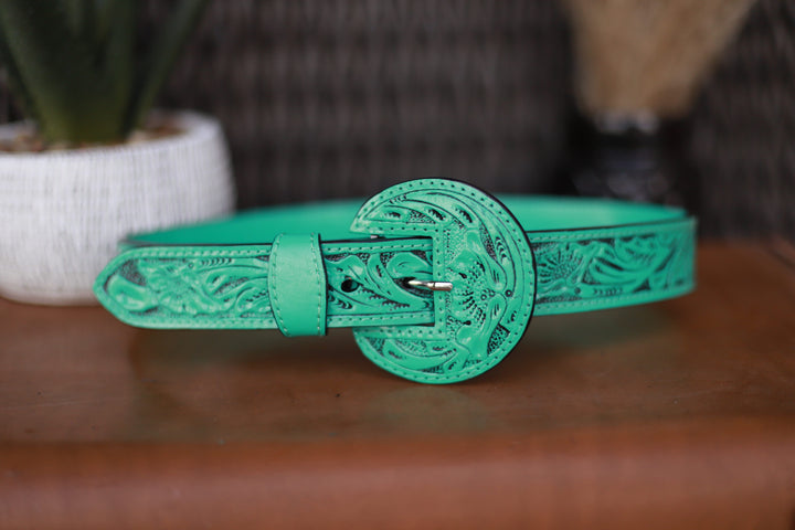 Vaquera Tooled Leather Belt- Turquoise